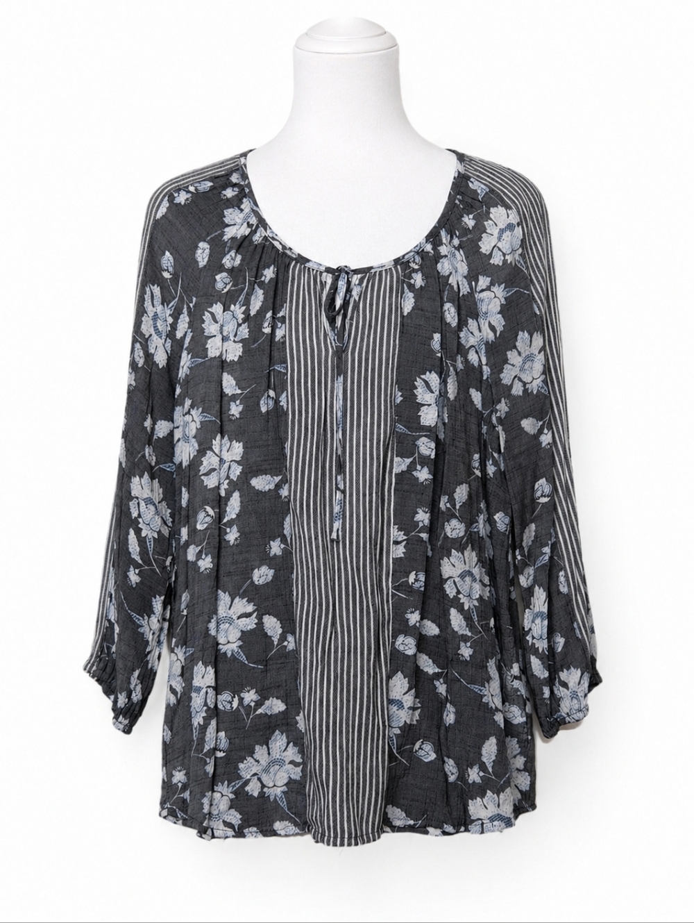 Fred David Charcoal Gray & White Floral Stripe Tie-Front Tunic